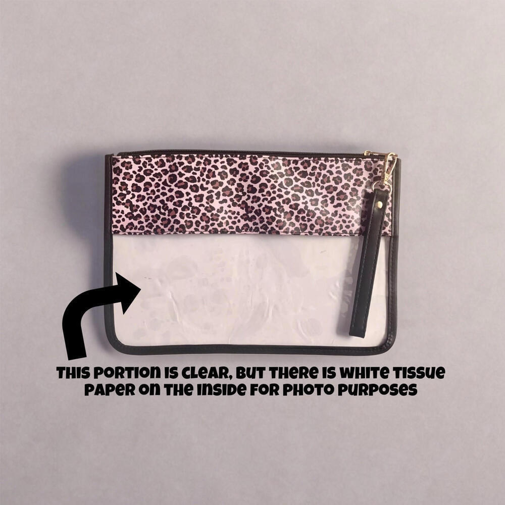 Large Pouch - STUFF, Pink Leopard Print With Aqua Teal Patches Great For Makeup - Picture 2 of 4